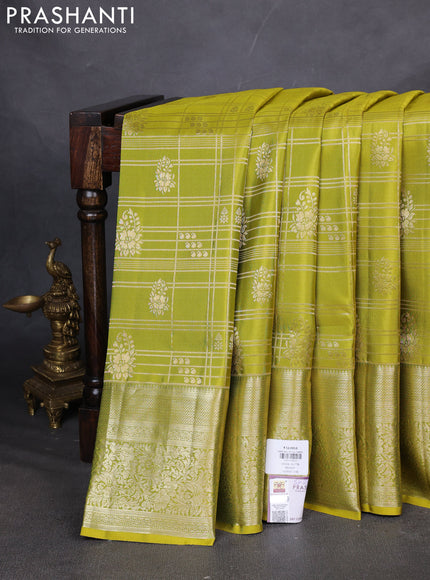 Pure kanchipuram silk saree lime green with allover zari checks & annam buttas and long zari woven border