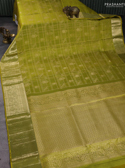Pure kanchipuram silk saree lime green with allover zari checks & annam buttas and long zari woven border