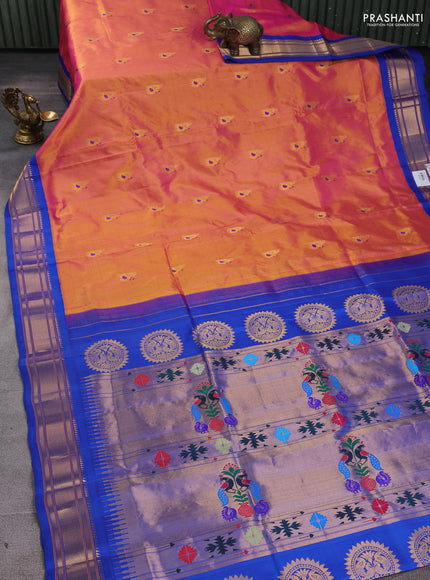 Pure paithani silk saree dual tone pink and blue with annam zari woven buttas and paithani weaving pallu