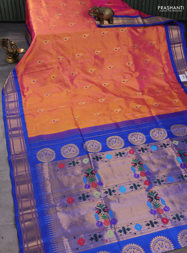 Pure paithani silk saree dual tone pink and blue with annam zari woven buttas and paithani weaving pallu