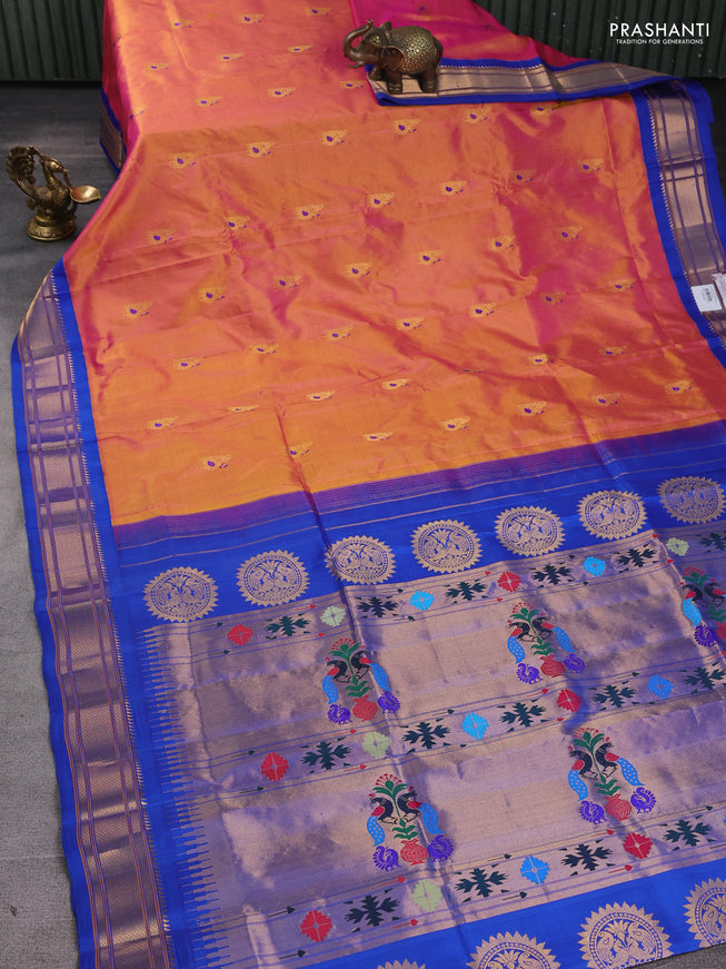 Pure paithani silk saree dual tone pink and blue with annam zari woven buttas and paithani weaving pallu