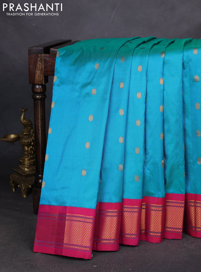 Pure paithani silk saree teal blue and pink with zari woven buttas and paithani weaving pallu