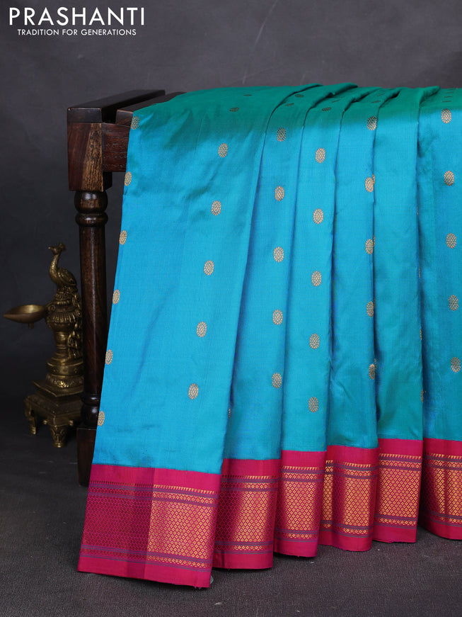 Pure paithani silk saree teal blue and pink with zari woven buttas and paithani weaving pallu