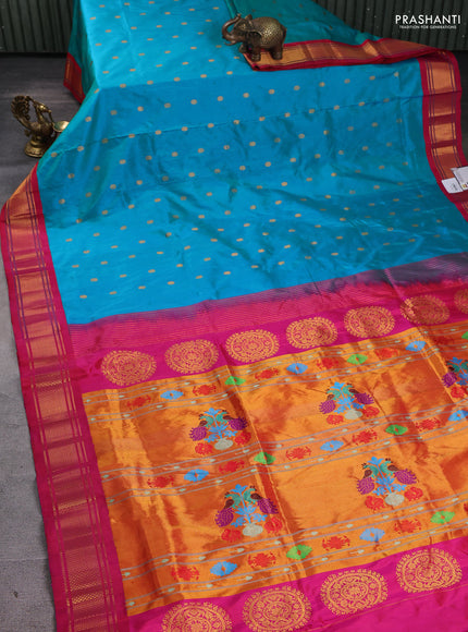Pure paithani silk saree teal blue and pink with zari woven buttas and paithani weaving pallu