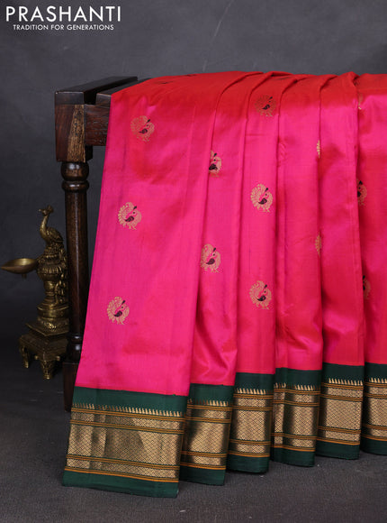 Pure paithani silk saree pink and bottle green with annam zari woven buttas and paithani weaving pallu