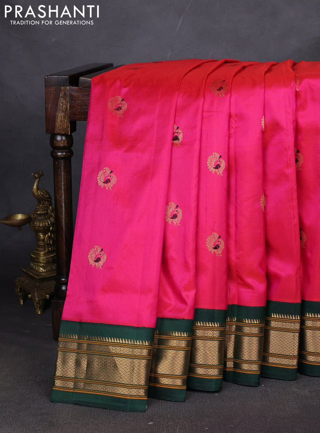 Pure paithani silk saree pink and bottle green with annam zari woven buttas and paithani weaving pallu