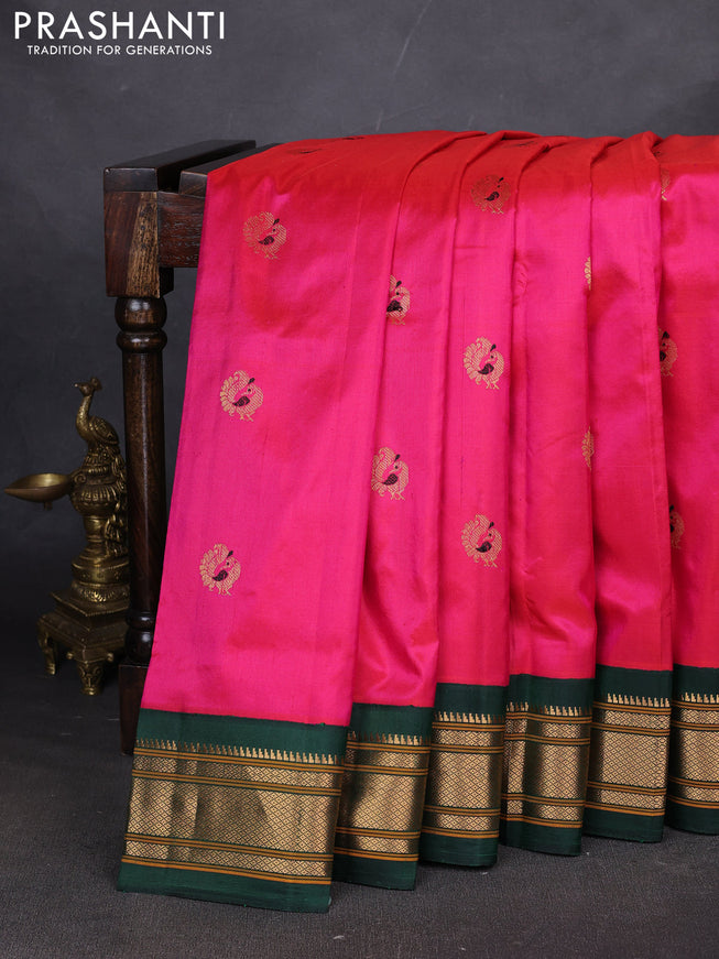 Pure paithani silk saree pink and bottle green with annam zari woven buttas and paithani weaving pallu