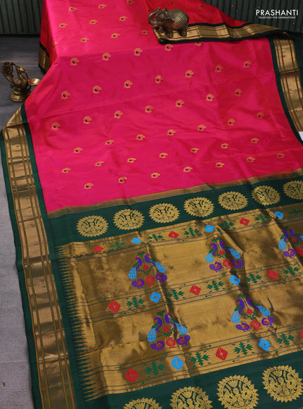 Pure paithani silk saree pink and bottle green with annam zari woven buttas and paithani weaving pallu