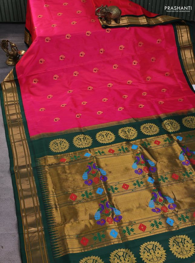 Pure paithani silk saree pink and bottle green with annam zari woven buttas and paithani weaving pallu