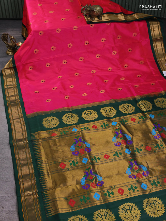 Pure paithani silk saree pink and bottle green with annam zari woven buttas and paithani weaving pallu