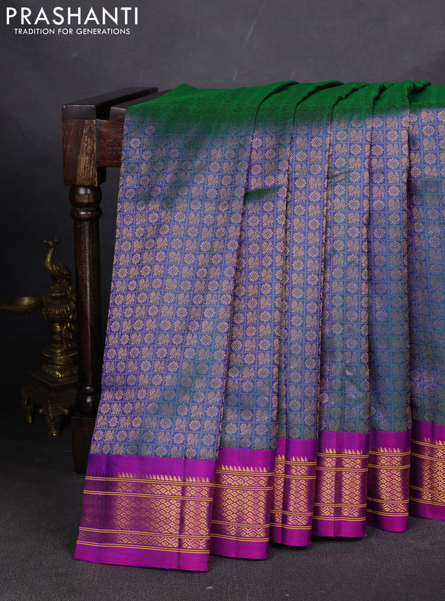 Pure paithani silk saree dual tone greenish blue and purple with allover zari woven brocade weaves and paithani weaving pallu