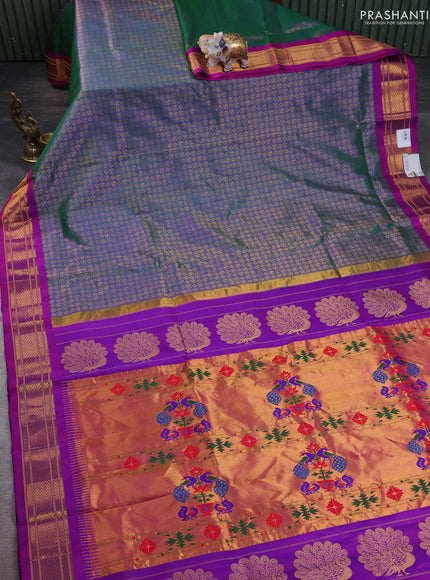 Pure paithani silk saree dual tone greenish blue and purple with allover zari woven brocade weaves and paithani weaving pallu