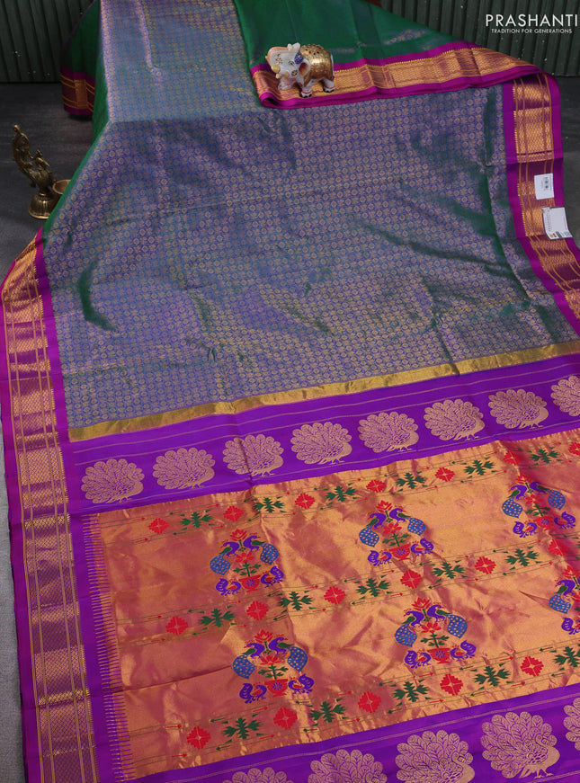 Pure paithani silk saree dual tone greenish blue and purple with allover zari woven brocade weaves and paithani weaving pallu