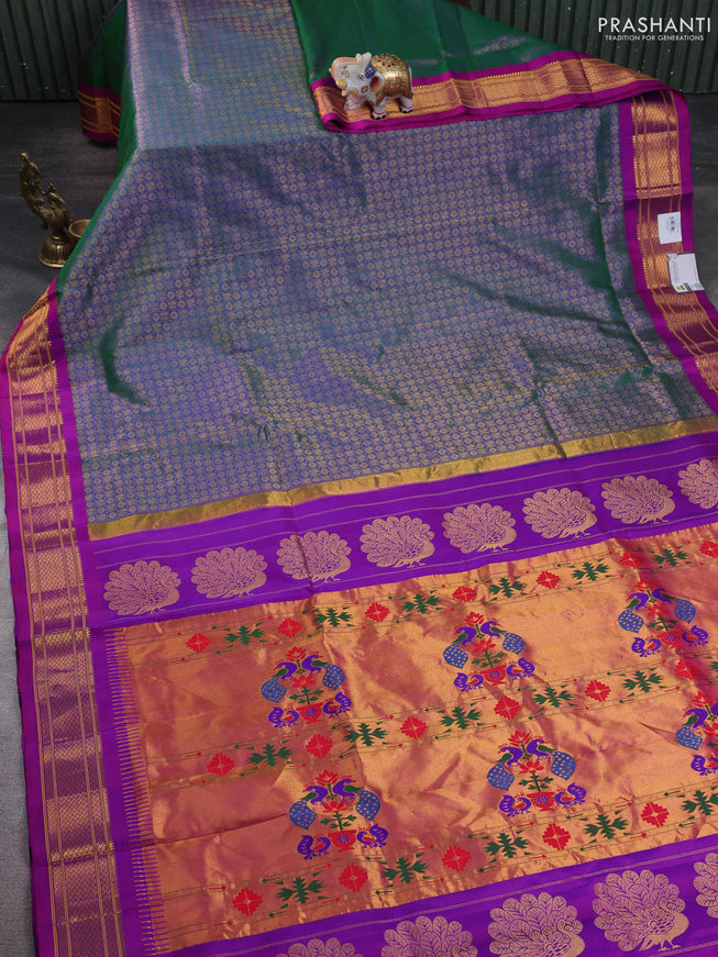 Pure paithani silk saree dual tone greenish blue and purple with allover zari woven brocade weaves and paithani weaving pallu