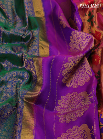 Pure paithani silk saree dual tone greenish blue and purple with allover zari woven brocade weaves and paithani weaving pallu