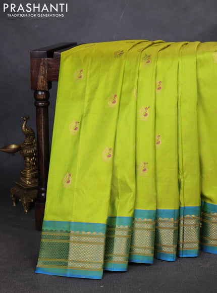 Pure paithani silk saree fluorescent green and dual tone blue with annam zari woven buttas and paithani weaving pallu