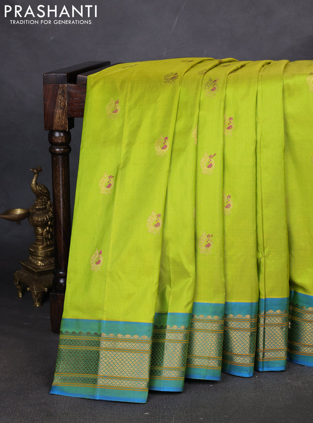 Pure paithani silk saree fluorescent green and dual tone blue with annam zari woven buttas and paithani weaving pallu