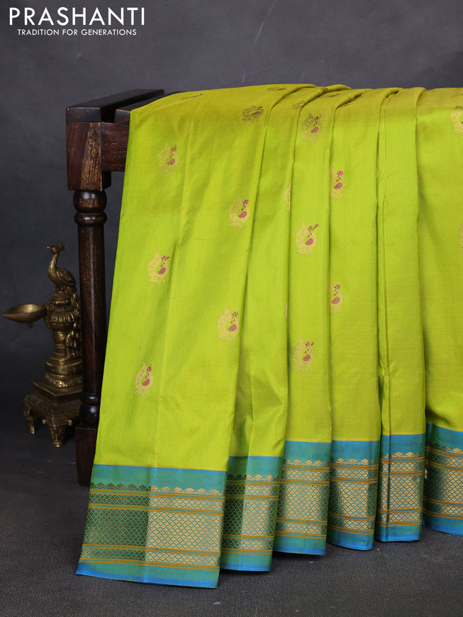 Pure paithani silk saree fluorescent green and dual tone blue with annam zari woven buttas and paithani weaving pallu