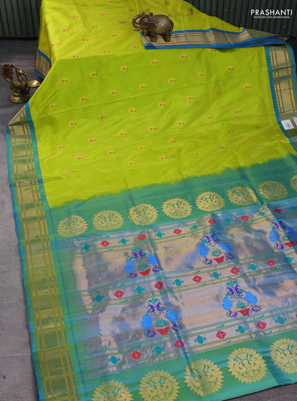 Pure paithani silk saree fluorescent green and dual tone blue with annam zari woven buttas and paithani weaving pallu