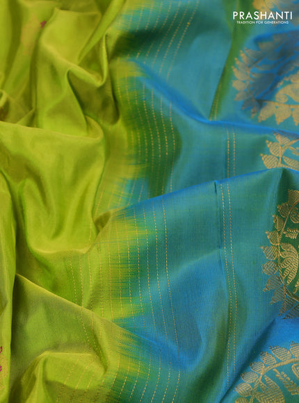 Pure paithani silk saree fluorescent green and dual tone blue with annam zari woven buttas and paithani weaving pallu