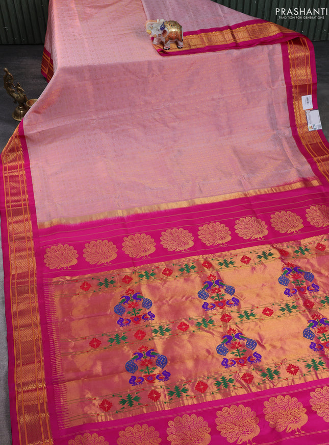 Pure paithani silk saree pastel pink and pink with allover zari woven brocade weaves and paithani weaving pallu