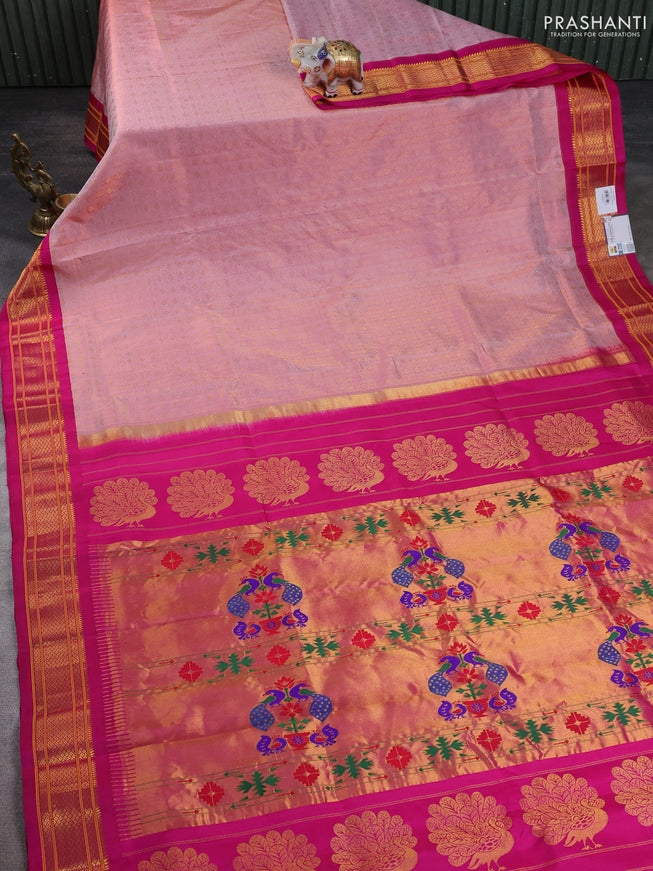Pure paithani silk saree pastel pink and pink with allover zari woven brocade weaves and paithani weaving pallu