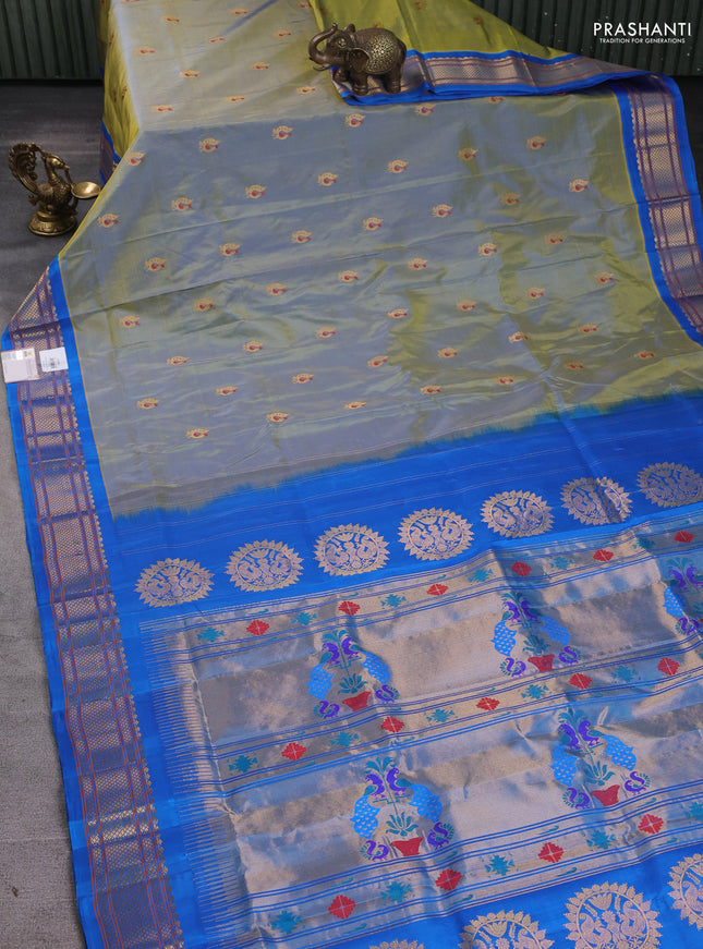 Pure paithani silk saree dual tone green and cs blue with annam zari woven buttas and paithani weaving pallu