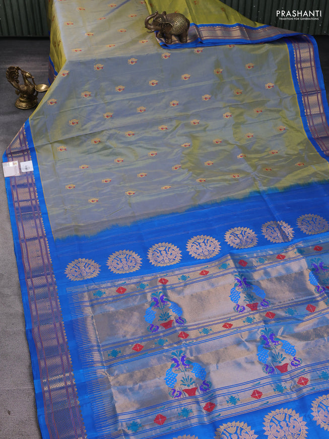 Pure paithani silk saree dual tone green and cs blue with annam zari woven buttas and paithani weaving pallu