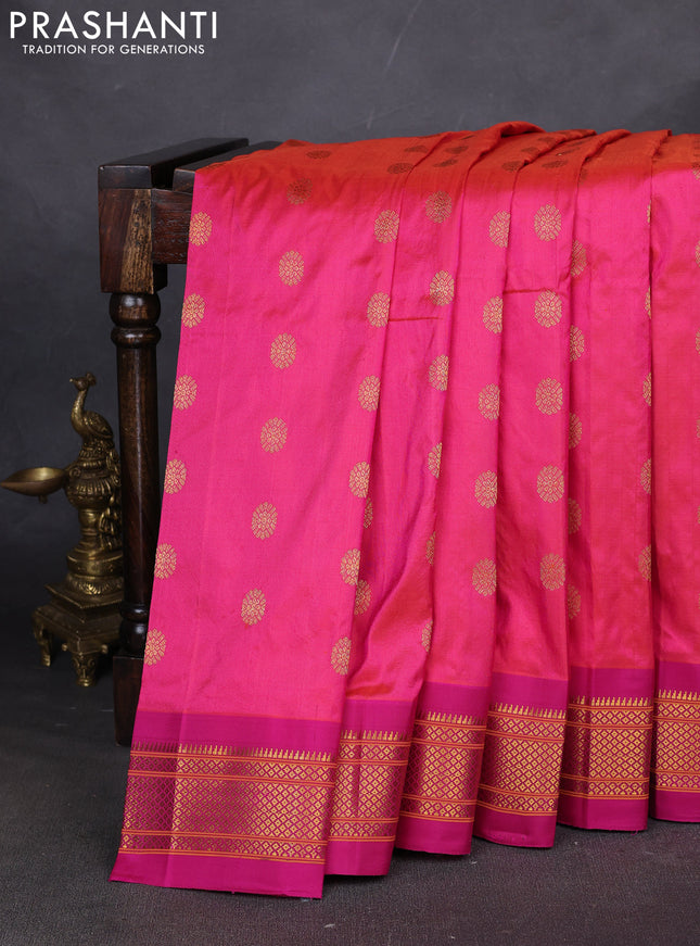 Pure paithani silk saree dual tone pinkish orange and pink with zari woven buttas and paithani weaving pallu