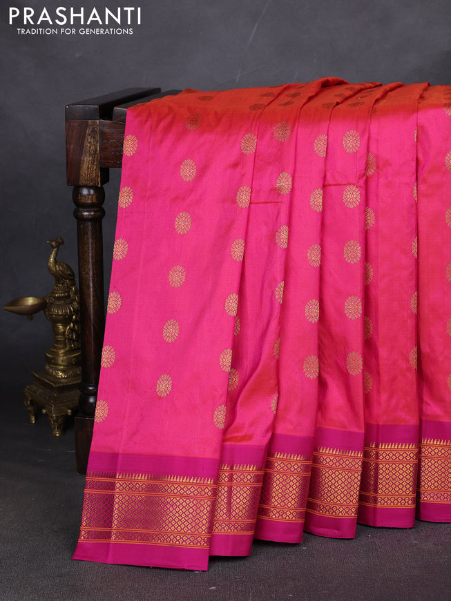 Pure paithani silk saree dual tone pinkish orange and pink with zari woven buttas and paithani weaving pallu