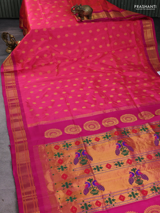 Pure paithani silk saree dual tone pinkish orange and pink with zari woven buttas and paithani weaving pallu