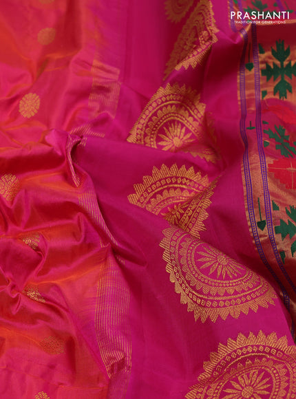 Pure paithani silk saree dual tone pinkish orange and pink with zari woven buttas and paithani weaving pallu
