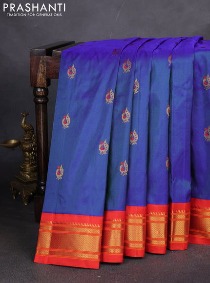 Pure paithani silk saree royal blue and orange with annam zari woven buttas and paithani weaving pallu