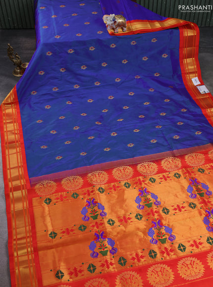 Pure paithani silk saree royal blue and orange with annam zari woven buttas and paithani weaving pallu