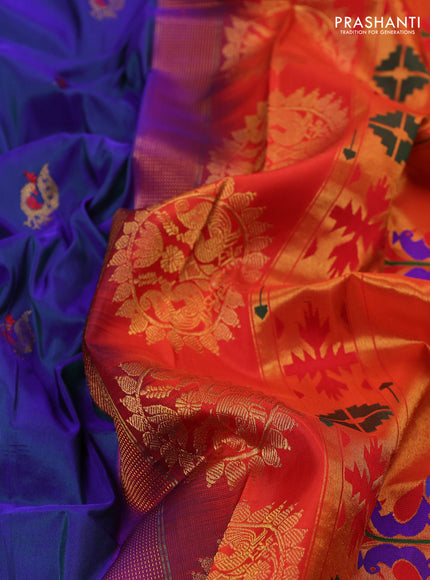 Pure paithani silk saree royal blue and orange with annam zari woven buttas and paithani weaving pallu