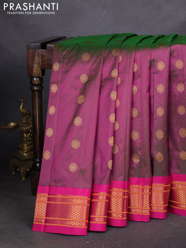Pure paithani silk saree dual tone greenish pink and pink with zari woven buttas and paithani weaving pallu