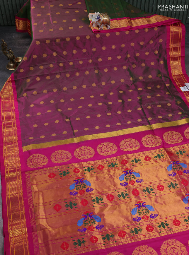 Pure paithani silk saree dual tone greenish pink and pink with zari woven buttas and paithani weaving pallu
