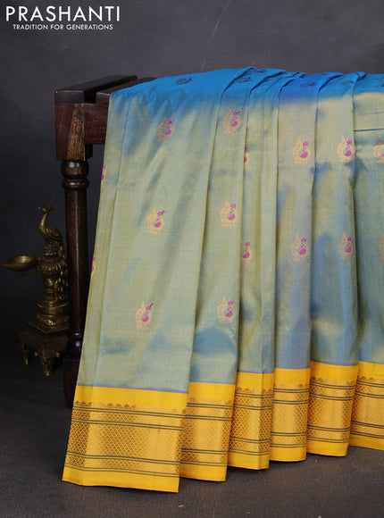Pure paithani silk saree dual tone light blue and yellow with annam zari woven buttas and paithani weaving pallu