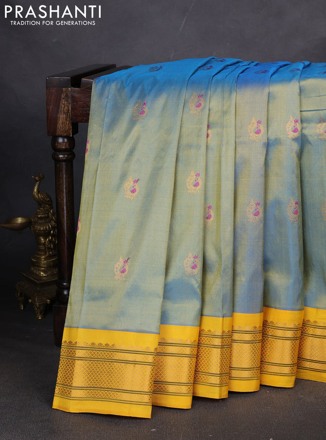 Pure paithani silk saree dual tone light blue and yellow with annam zari woven buttas and paithani weaving pallu