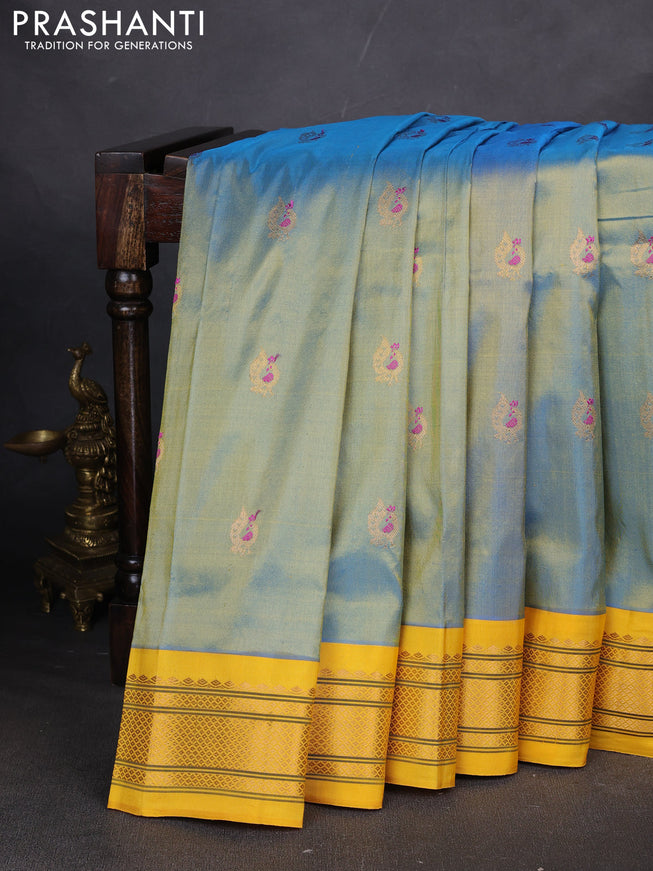 Pure paithani silk saree dual tone light blue and yellow with annam zari woven buttas and paithani weaving pallu