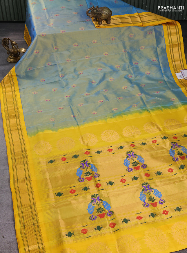 Pure paithani silk saree dual tone light blue and yellow with annam zari woven buttas and paithani weaving pallu
