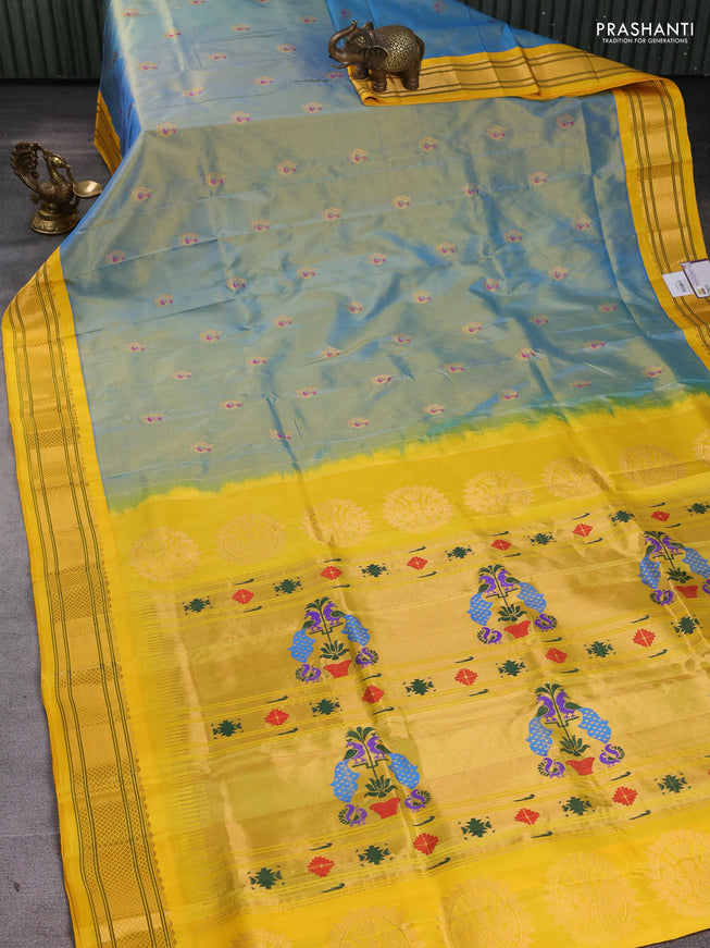 Pure paithani silk saree dual tone light blue and yellow with annam zari woven buttas and paithani weaving pallu
