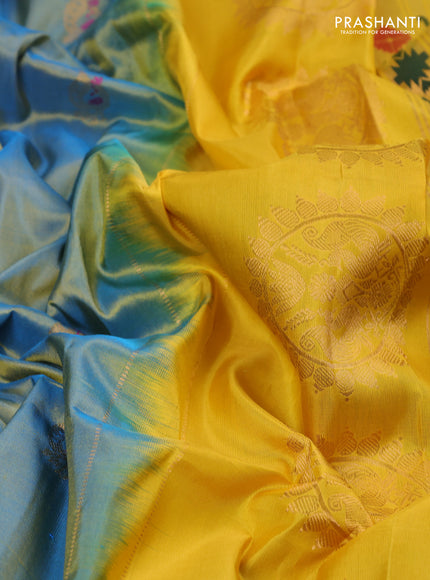 Pure paithani silk saree dual tone light blue and yellow with annam zari woven buttas and paithani weaving pallu