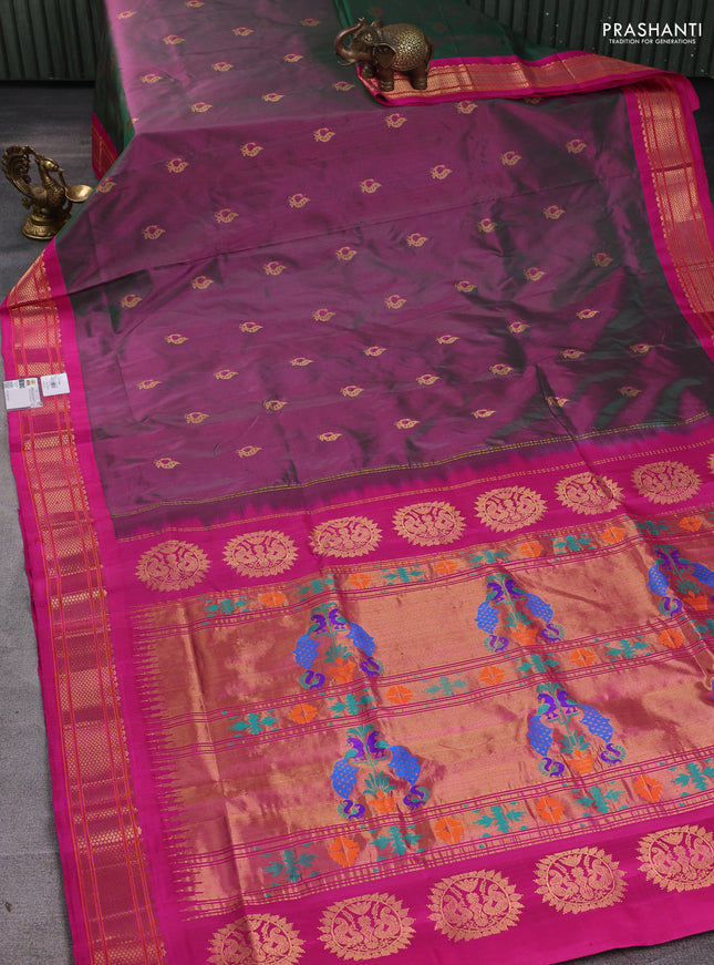 Pure paithani silk saree dual tone greenish pink and pink with annam zari woven buttas and paithani weaving pallu