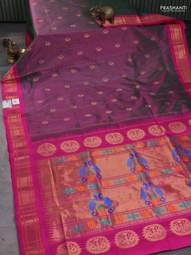 Pure paithani silk saree dual tone greenish pink and pink with annam zari woven buttas and paithani weaving pallu