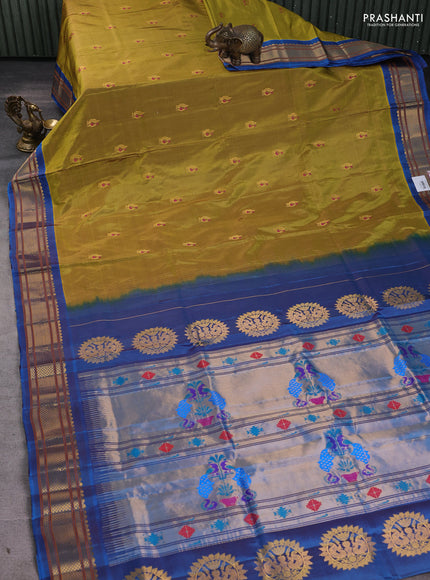 Pure paithani silk saree mehendi green and cs blue with annam zari woven buttas and paithani weaving pallu
