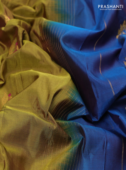 Pure paithani silk saree mehendi green and cs blue with annam zari woven buttas and paithani weaving pallu