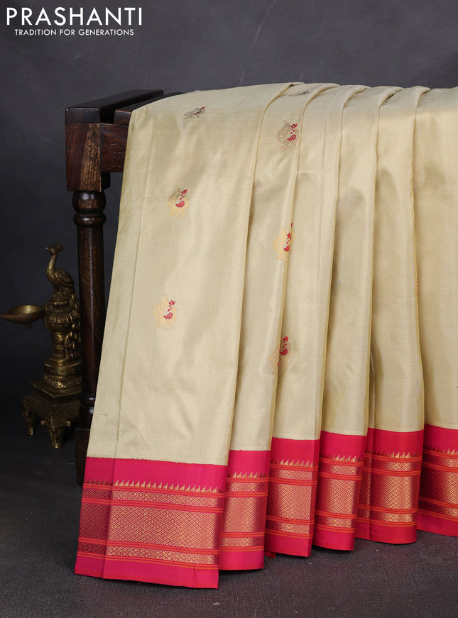 Pure paithani silk saree cream and pink with annam zari woven buttas and paithani weaving pallu