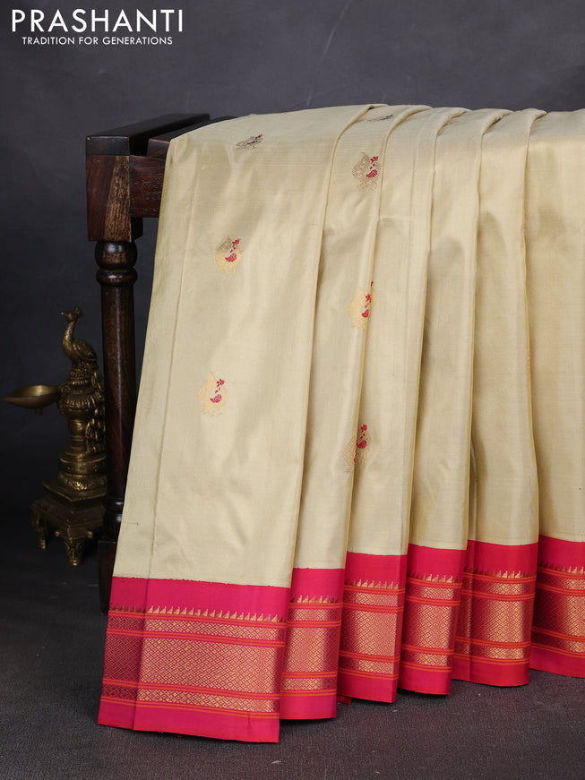 Pure paithani silk saree cream and pink with annam zari woven buttas and paithani weaving pallu