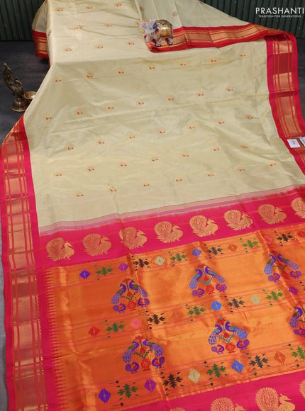 Pure paithani silk saree cream and pink with annam zari woven buttas and paithani weaving pallu